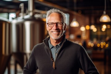 Wall Mural - Studio portrait photography of a satisfied mature man wearing a classic turtleneck sweater against a lively brewery background. With generative AI technology