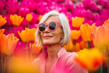 Photography in the style of pensive portraiture of a happy mature woman wearing a daring bikini and trendy sunglasses against a colorful tulipfield background. With generative AI technology