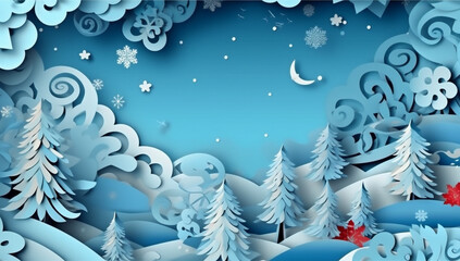 Wall Mural - christmas blue art tree winter background merry paper cardboard snowflakes origami. Generative AI.