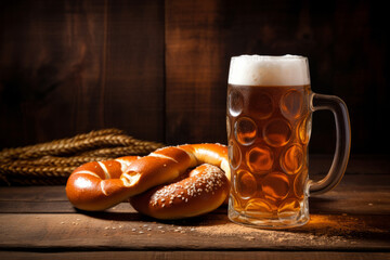 Oktoberfest beer festival background with large beer and a pretzel snack against a wooden background