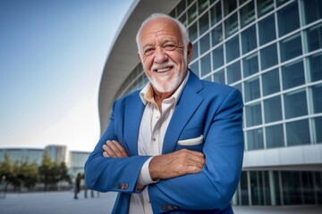 Sticker - Three-quarter studio portrait photography of a grinning old man wearing a chic jumpsuit against a modern office building background. With generative AI technology