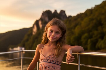 Canvas Print - Sports portrait photography of a tender kid female wearing a stylish swimsuit against a scenic riverboat background. With generative AI technology