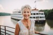 © Markus Schröder - Eclectic portrait photography of a joyful mature woman wearing underclothing against a scenic riverboat background. With generative AI technology