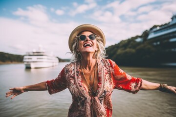 Poster - Eclectic portrait photography of a joyful mature woman wearing underclothing against a scenic riverboat background. With generative AI technology