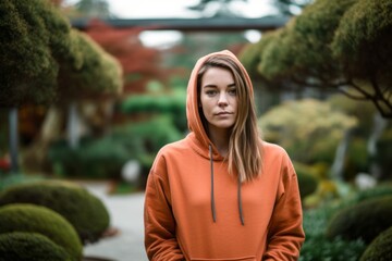 Wall Mural - Photography in the style of pensive portraiture of a satisfied girl in her 30s wearing a stylish hoodie against a tranquil japanese garden background. With generative AI technology