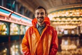 Fototapeta  - Three-quarter studio portrait photography of a glad mature boy wearing a vibrant raincoat against a bustling casino background. With generative AI technology