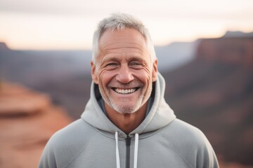 Wall Mural - Close-up portrait photography of a grinning mature man wearing a comfortable hoodie against a scenic canyon background. With generative AI technology