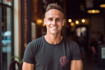 Wall Mural - Eclectic portrait photography of a grinning boy in his 30s wearing a casual t-shirt against a bustling cafe background. With generative AI technology