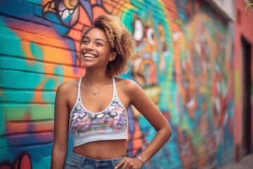 Poster - Urban fashion portrait photography of a glad mature girl wearing a cute crop top against a vibrant street mural background. With generative AI technology