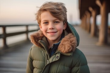 Wall Mural - Medium shot portrait photography of a glad boy in his 30s wearing a cozy winter coat against a scenic beach pier background. With generative AI technology