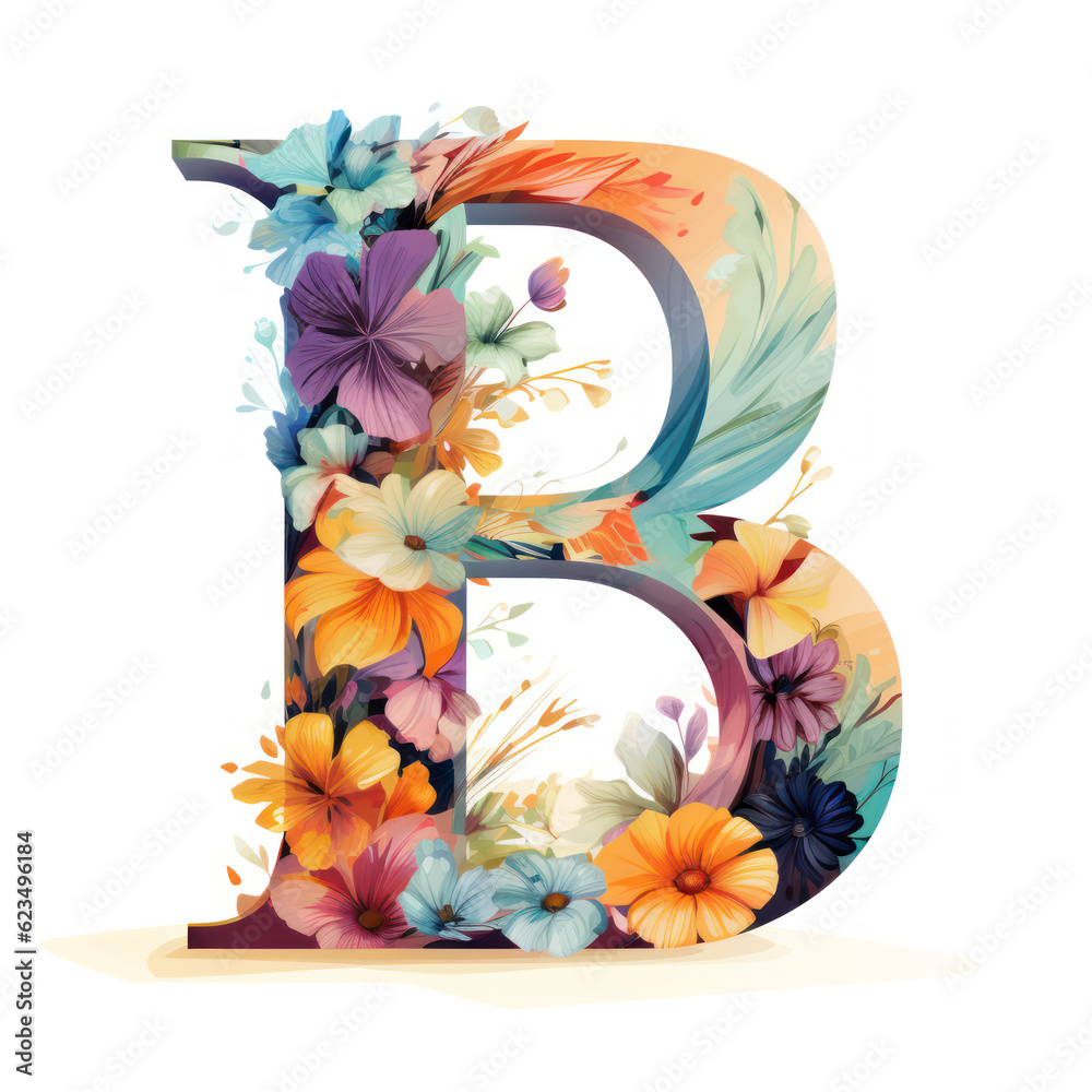 letter B in ornate colourful watercolour feather illustration style ...