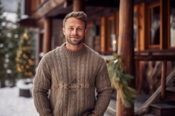 Wall Mural - Medium shot portrait photography of a satisfied boy in his 30s wearing a cozy sweater against a cozy mountain lodge background. With generative AI technology