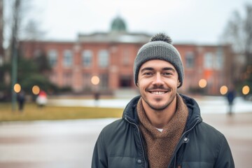 Wall Mural - Editorial portrait photography of a glad boy in his 30s wearing a warm beanie or knit hat against a bustling university campus background. With generative AI technology