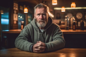 Wall Mural - Photography in the style of pensive portraiture of a satisfied mature man wearing a comfortable hoodie against a lively pub background. With generative AI technology