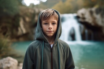 Wall Mural - Close-up portrait photography of a glad kid male wearing a stylish hoodie against a picturesque waterfall background. With generative AI technology