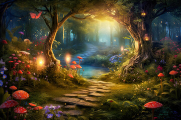 Fantasy fairy tale background. Fantasy enchanted forest with magical luminous plants, built ancient mighty trees covered with moss, with beautiful houses, butterflies and fireflies fly in the air.