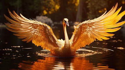 Golden swan birds in Thai literature look like a bird The body is a golden swan. spread beautiful wings. generative AI