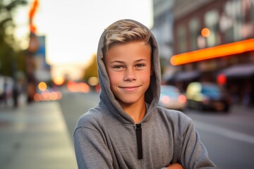 Wall Mural - Sports portrait photography of a glad kid male wearing a cozy zip-up hoodie against a lively downtown street background. With generative AI technology