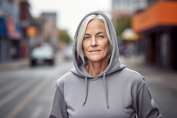 Wall Mural - Three-quarter studio portrait photography of a satisfied mature woman wearing a comfortable hoodie against a lively downtown street background. With generative AI technology