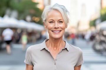 Wall Mural - Close-up portrait photography of a glad mature woman wearing a sporty polo shirt against a lively downtown street background. With generative AI technology