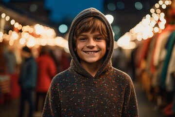 Wall Mural - Eclectic portrait photography of a grinning kid male wearing a stylish hoodie against a bustling outdoor bazaar background. With generative AI technology