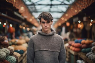 Poster - Photography in the style of pensive portraiture of a tender boy in his 30s wearing a cozy sweater against a bustling outdoor bazaar background. With generative AI technology