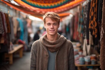 Wall Mural - Eclectic portrait photography of a satisfied boy in his 30s wearing a cozy sweater against a bustling outdoor bazaar background. With generative AI technology
