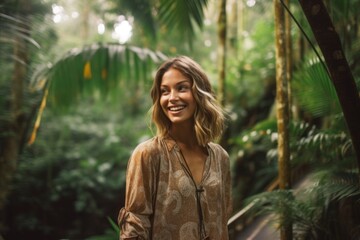 Wall Mural - Medium shot portrait photography of a happy girl in her 30s wearing a sophisticated blouse against a scenic tropical rainforest background. With generative AI technology