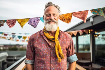 Wall Mural - Three-quarter studio portrait photography of a tender mature man wearing a colorful neckerchief against a lively rooftop bar background. With generative AI technology