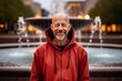 © Markus Schröder - Editorial portrait photography of a glad mature man wearing a stylish hoodie against a vibrant city fountain background. With generative AI technology