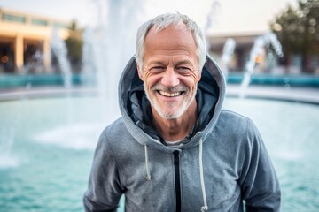 Wall Mural - Editorial portrait photography of a glad mature man wearing a stylish hoodie against a vibrant city fountain background. With generative AI technology