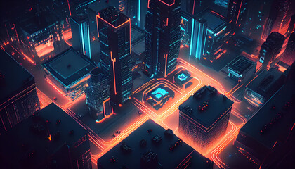 Wall Mural - Stunning aerial view on night neon big city. Cyber punk background Ai generated image