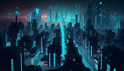 Wall Mural - Stunning aerial view on night neon big city. Cyber punk background Ai generated image