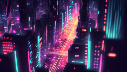 Wall Mural - Stunning aerial view on night neon big city. Cyber punk background Ai generated image