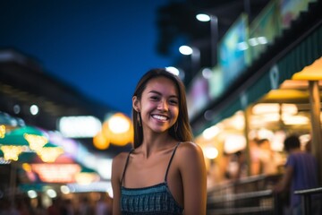 Wall Mural - Urban fashion portrait photography of a grinning girl in her 30s wearing a stylish swimsuit against a lively night market background. With generative AI technology