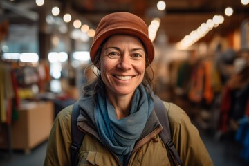 Wall Mural - Environmental portrait photography of a joyful mature girl wearing a cool cap or hat against a bustling indoor market background. With generative AI technology