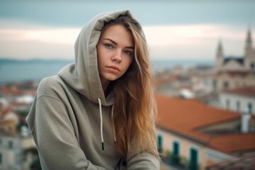 Wall Mural - Photography in the style of pensive portraiture of a satisfied mature girl wearing a comfortable hoodie against a picturesque old town background. With generative AI technology