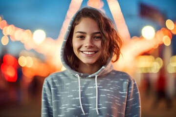 Wall Mural - Casual fashion portrait photography of a happy kid female wearing a stylish hoodie against a lively festival ground background. With generative AI technology