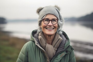 Wall Mural - Casual fashion portrait photography of a satisfied old woman wearing a durable parka against a peaceful riverside walk background. With generative AI technology