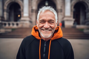Wall Mural - Close-up portrait photography of a happy mature man wearing a comfortable hoodie against a historic museum background. With generative AI technology