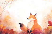Watercolor Illustration Of A Cute Fox On A Background Of Autumn Leaves