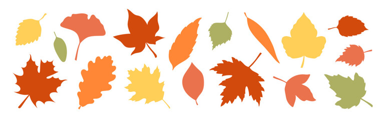 a set of silhouettes of autumn leaves in warm colors