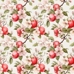 seamless pattern watercolor red apples on a branch with leaves and flowers. generated ai