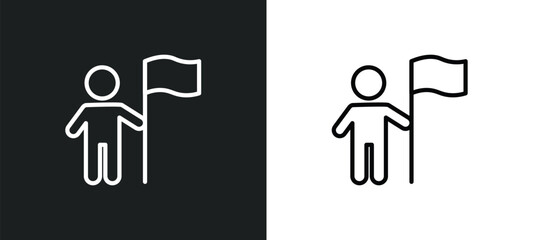 Poster - man holding a flag icon isolated in white and black colors. man holding a flag outline vector icon from people collection for web, mobile apps and ui.
