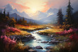 Futuristische Landschaft im gemalten Stil mit Bergen und Flüssen und romantischen Licht, 4, AI generiert 