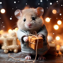 Mouse With A Small Gift Box On The Background Of Festive Lights. New Year And Christmas Concept. AI Generation