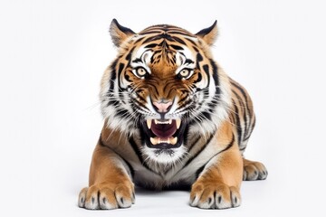 Wall Mural - Roaring rocks of an angry tiger on a white background.