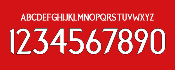 Poster - font vector team 2023 - 2024 kit sport style font. manchester football style font. premier league. red devils soccer. sports style letters and numbers for soccer team