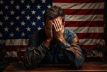 A Man In A Frustrated Mood Closed His Eyes Against The Background Of The American Flag. Reaction To News In The USA. AI Generation