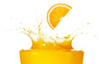 Orange slice falling into splashing freshly made squeezed juice isolated on white background. Real studio shot.